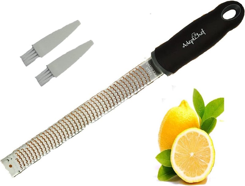 AdeptChef Citrus Lemon Zester & Cheese Grater by AdeptChef - Parmesan Cheese, Lemon, Ginger, Garlic, Nutmeg, Vegetables, Fruits - Very sharp Stainless Steel Blade Protective Cover, Dishwasher Safe - Image 1